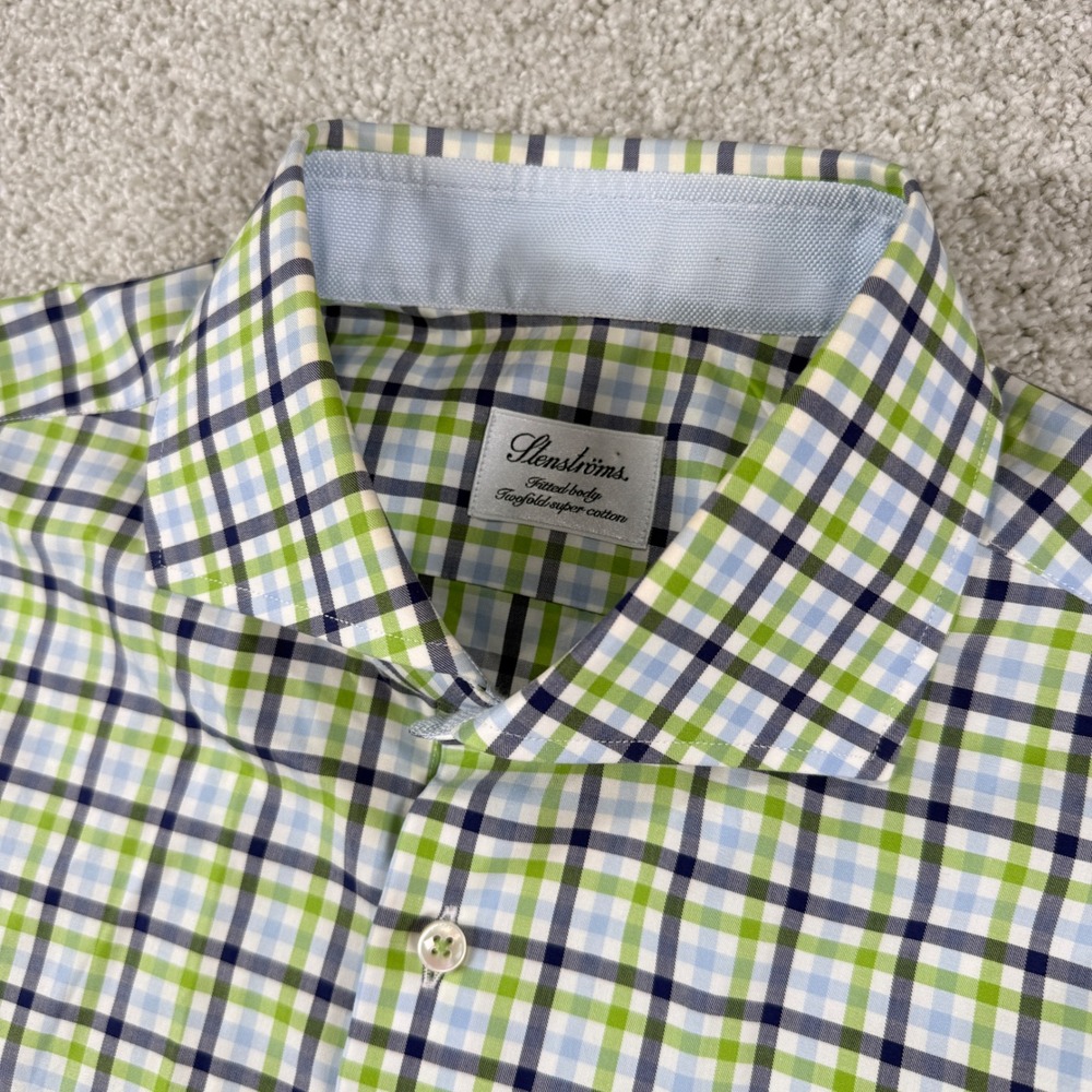 Stenströms‎ Button Up Shirt Mens 16.5 42 Green Blue Check Fitted Twofold Cotton